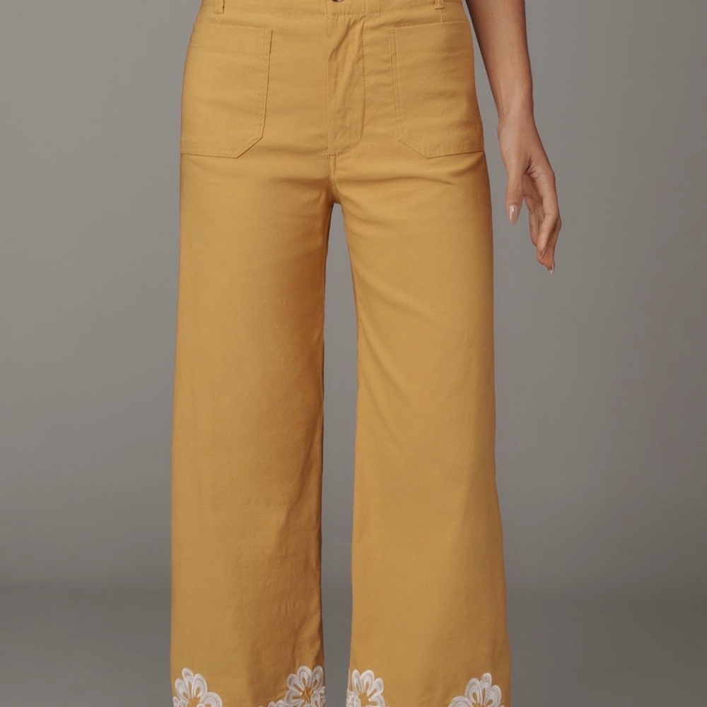 Anthropologie Yellow Wide-Leg Pants with White Embroidery